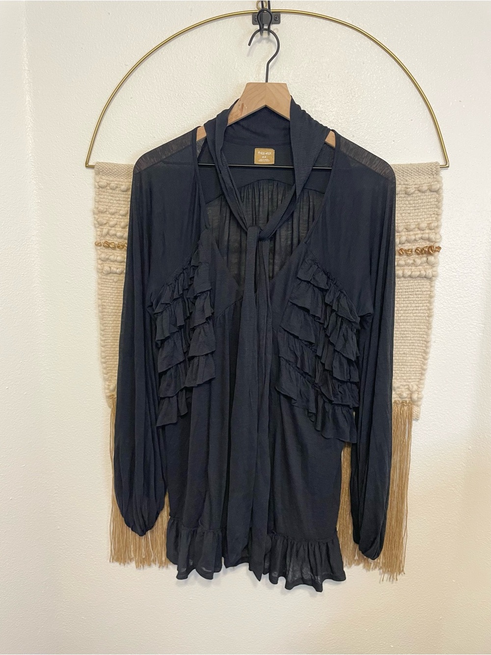 Free People Sheer Black Ruffle Tie-Neck Blouse Tunic M